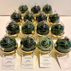 15 Mini Gold DomeStand 3” Emerald Green Shades Rose Party Favors & thankyou tags